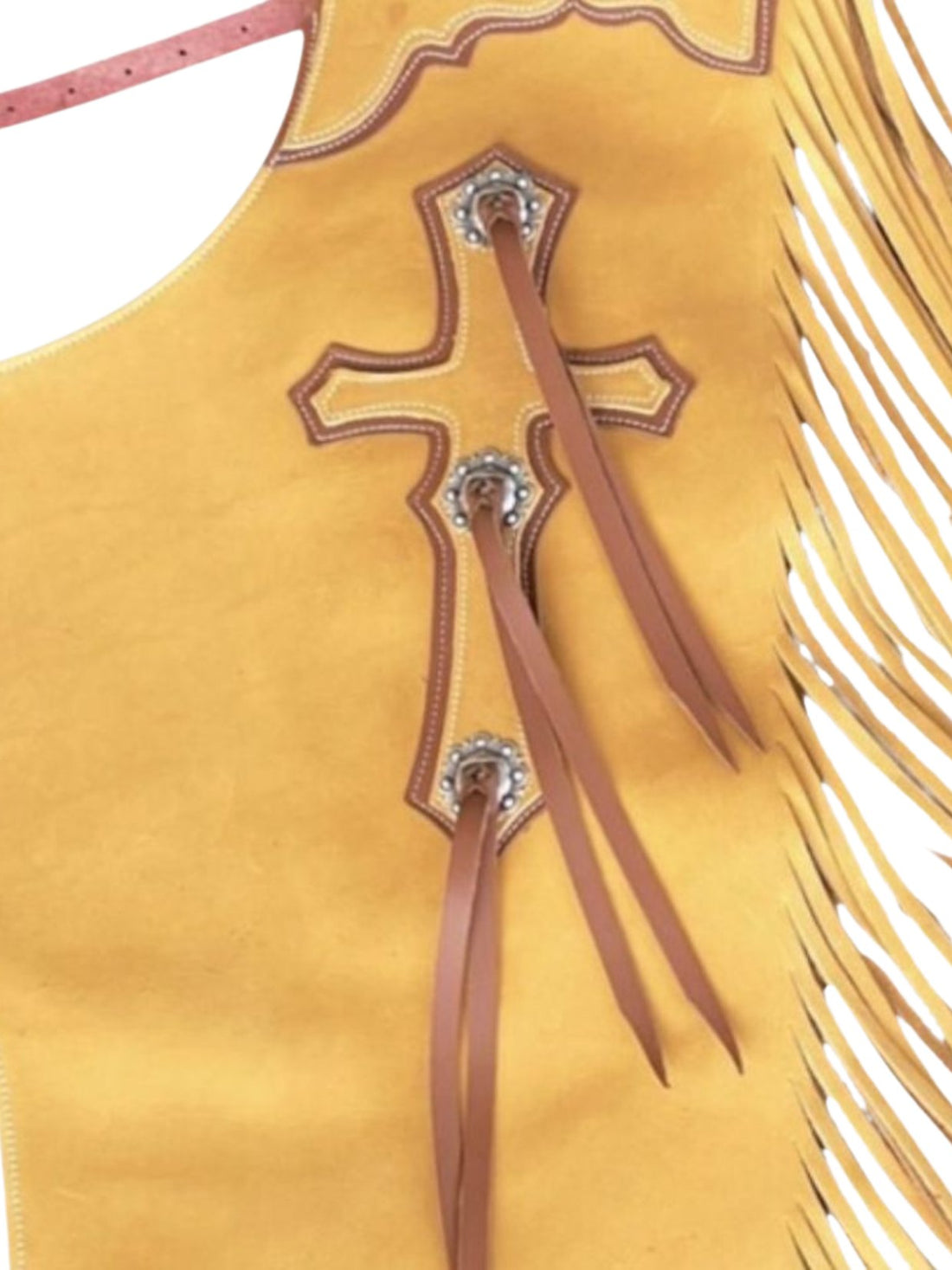 Yellow fringed leather chaps for rodeo with decorative cross on a white background