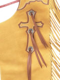 Yellow leather chaps for bull riding with  design and fringes