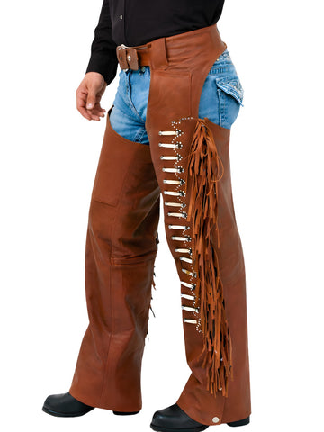 Brown leather chaps with fringe and studs worn by a person on a white background
