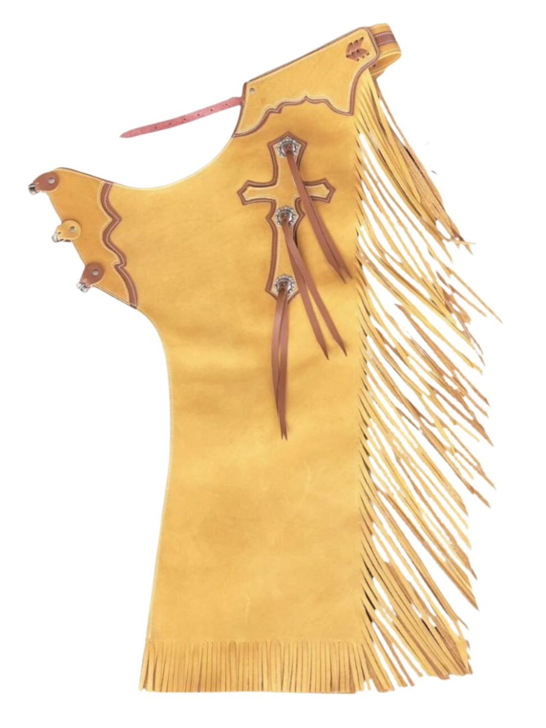 Yellow fringed leather chaps for rodeo with decorative cross on a white background