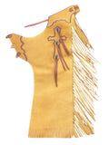 Yellow fringed leather chaps for rodeo with decorative cross on a white background