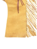 Yellow suede bag with fringe details on a white background