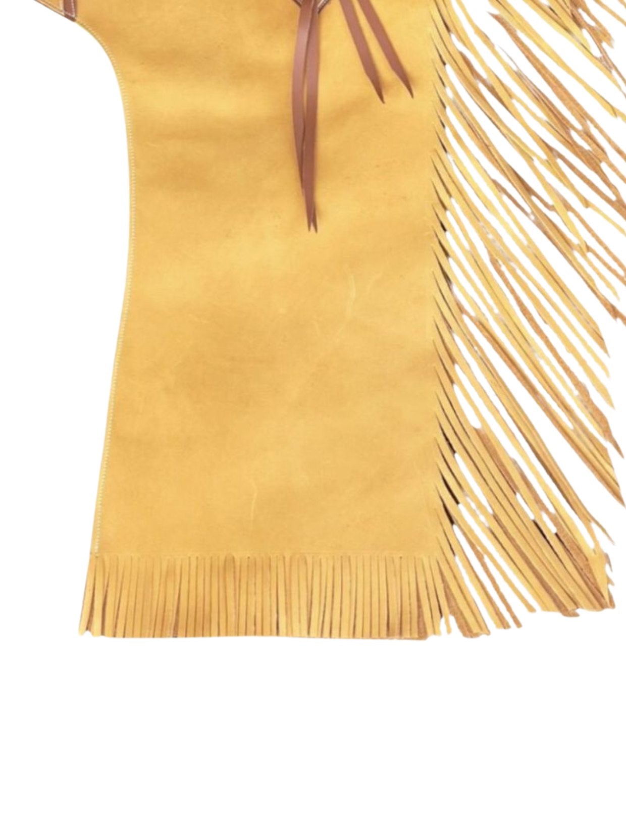 Yellow suede bag with fringe details on a white background