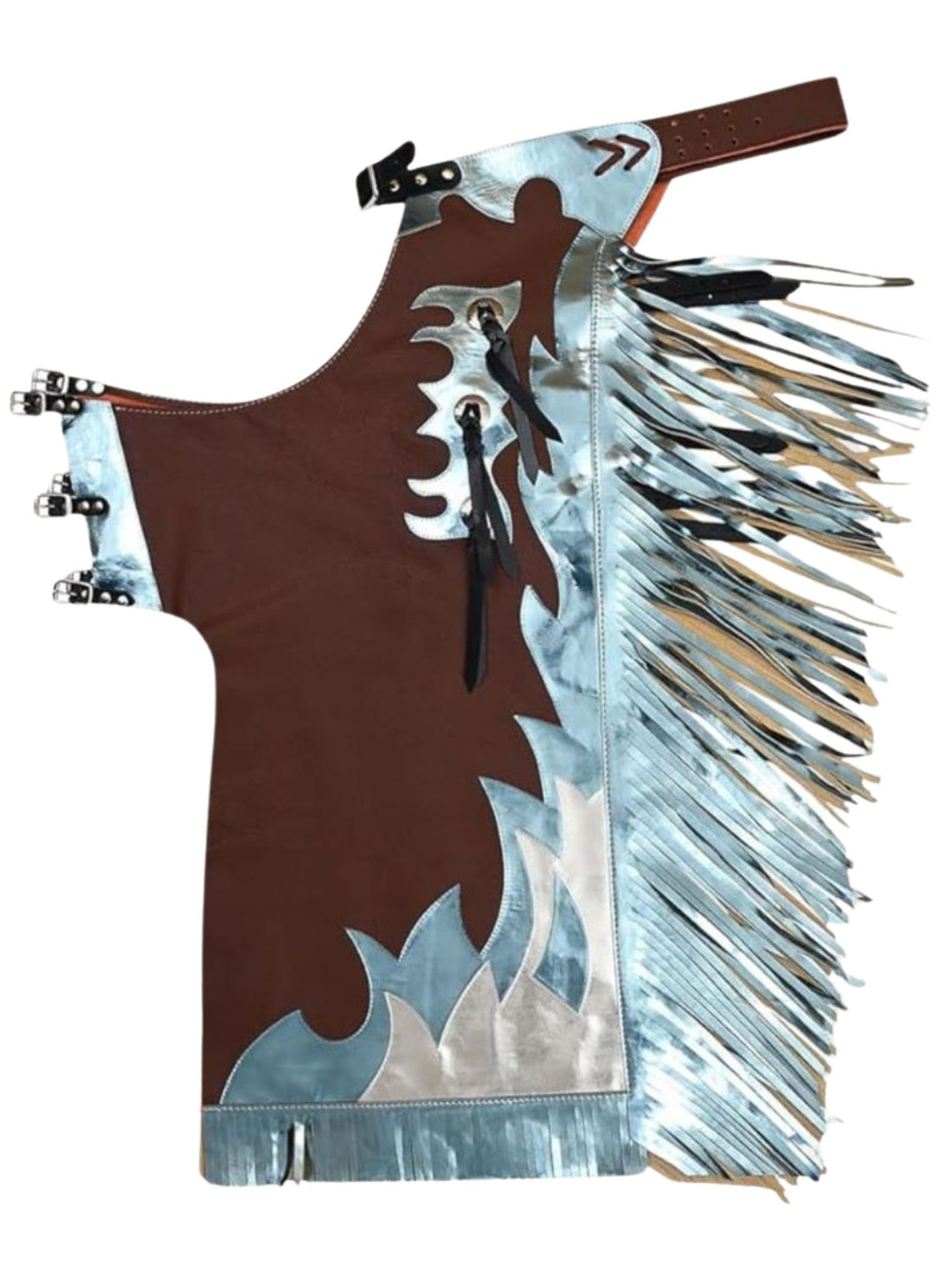 Brown leather bull riding chaps with silver fringe and decorative patterns on a white background