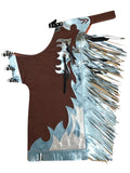 Brown leather bull riding chaps with silver fringe and decorative patterns on a white background