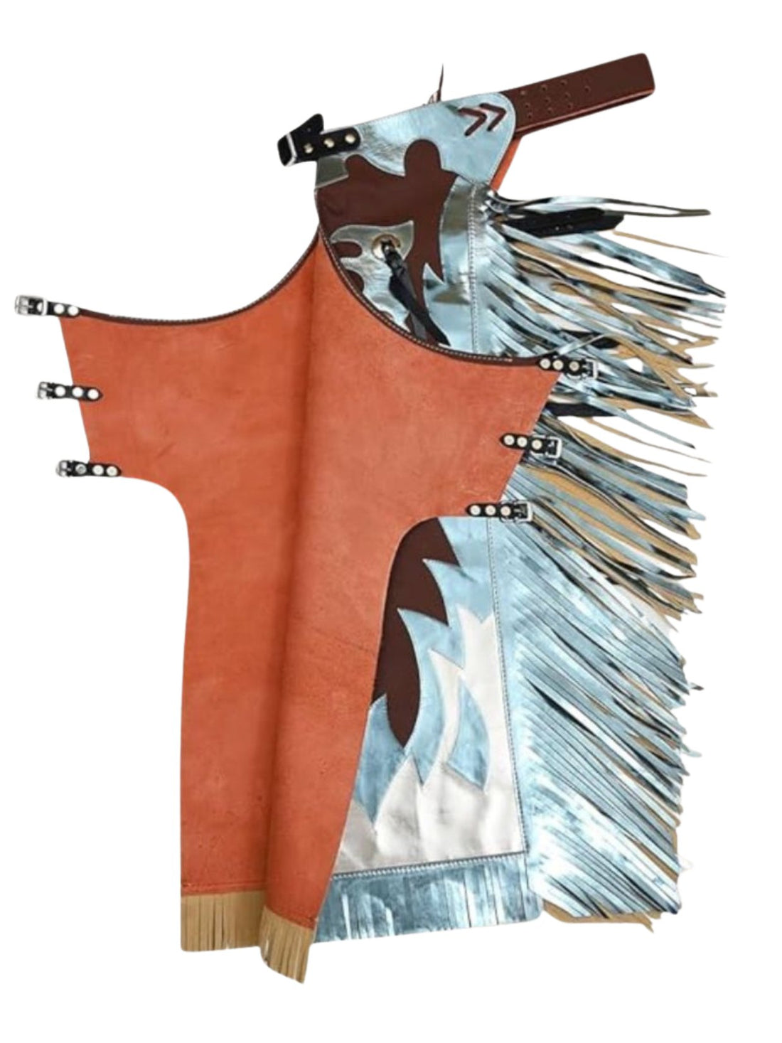 Brown leather bull riding chaps with silver fringe and decorative patterns on a white background