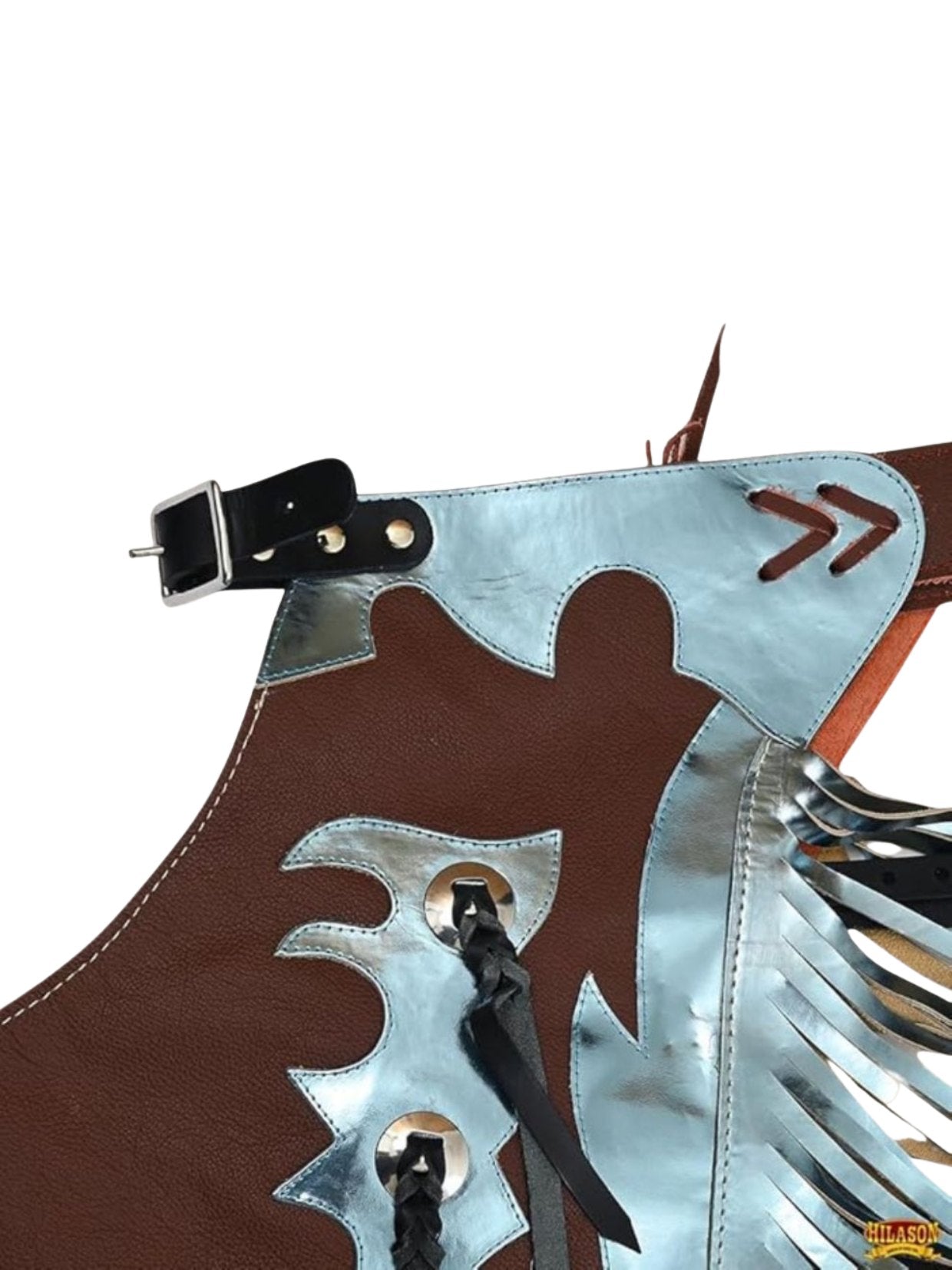 Close-up of a leather and metal chaps with decorative elements on a white background