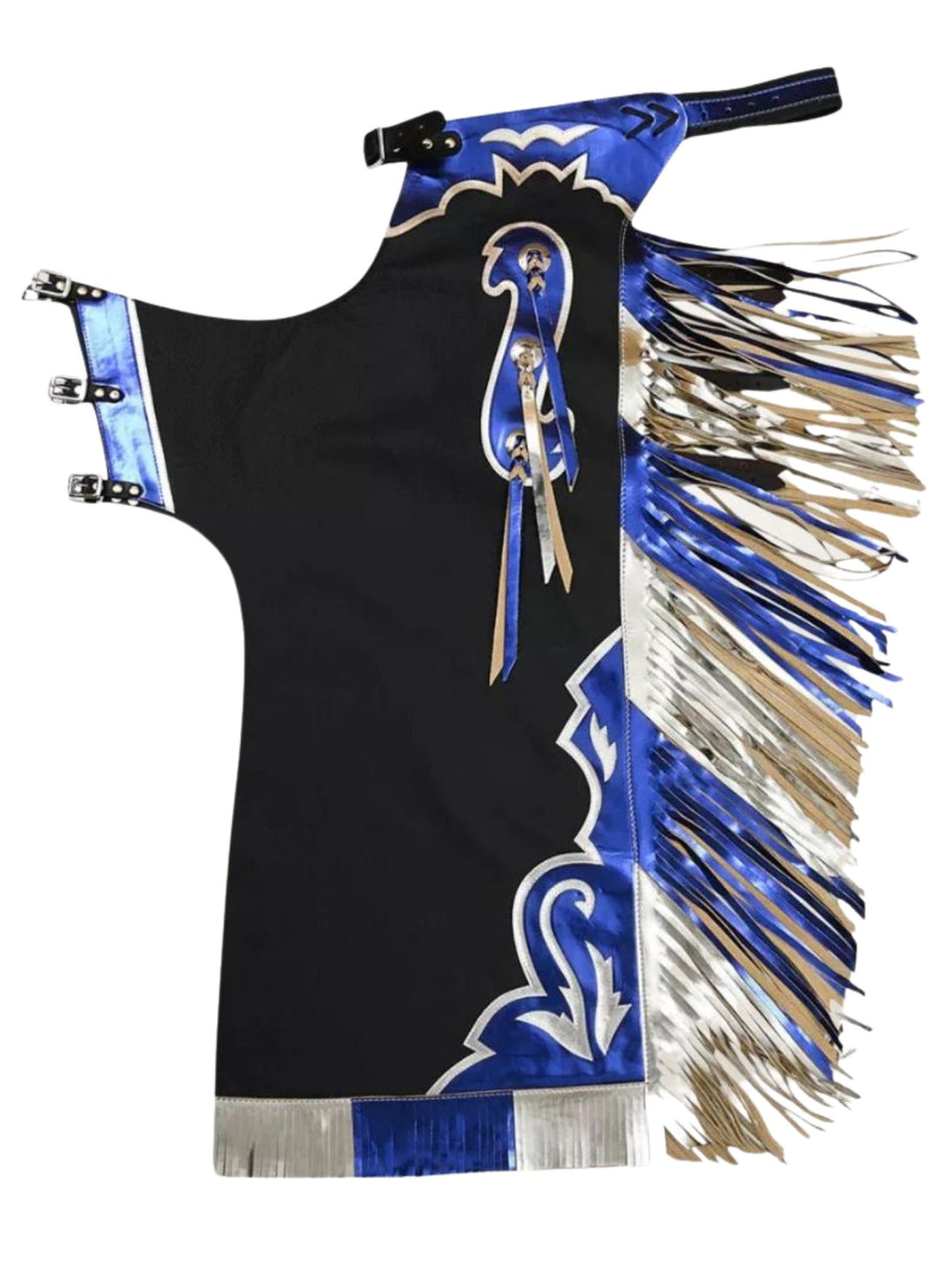 Black fringe chaps with blue and white patterns on a white background