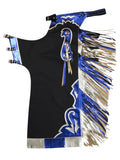 Black fringe chaps with blue and white patterns on a white background