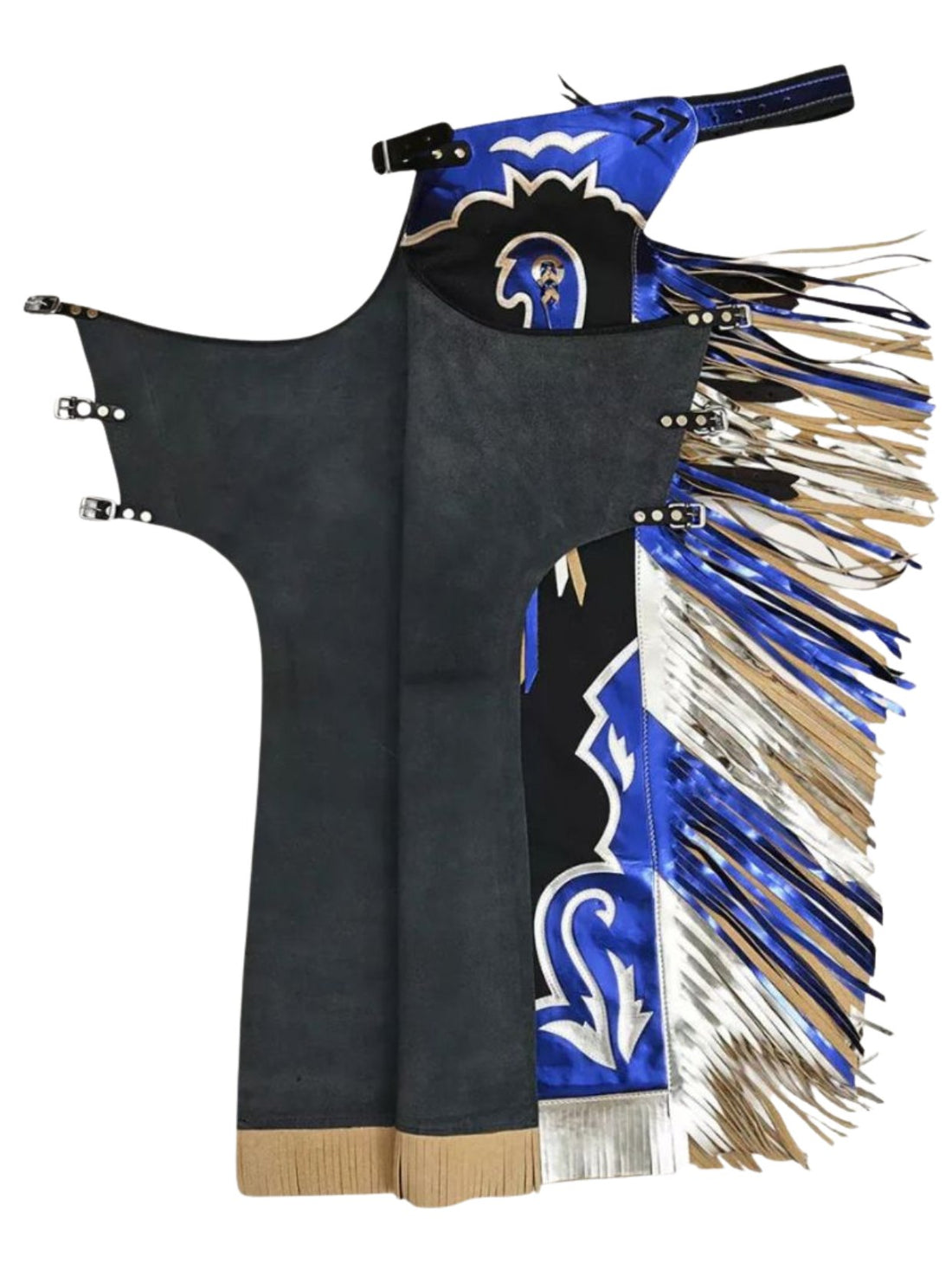 Black fringe chaps with blue and white patterns on a white background