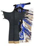 Black leather bull riding chaps with blue and white designs and fringes on a white background