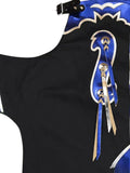 Black garment with blue and gold decorative elements on a white background