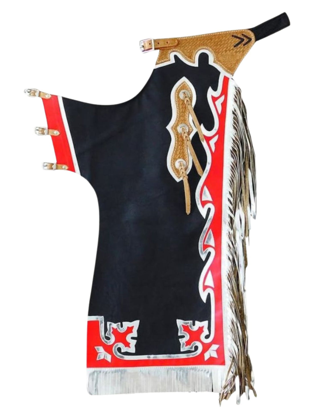 Traditional Native American chaps with black, red, and gold colors on a white background