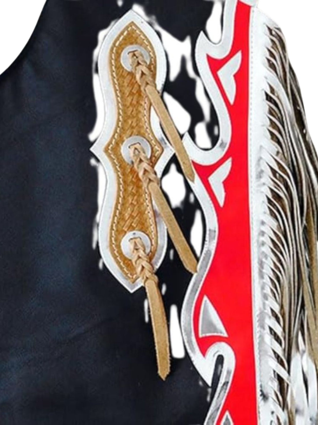 Traditional Native American chaps with black, red, and gold colors on a white background
