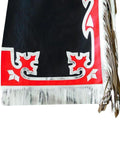 Traditional Native American headdress with black, red, and white patterns on a white background
