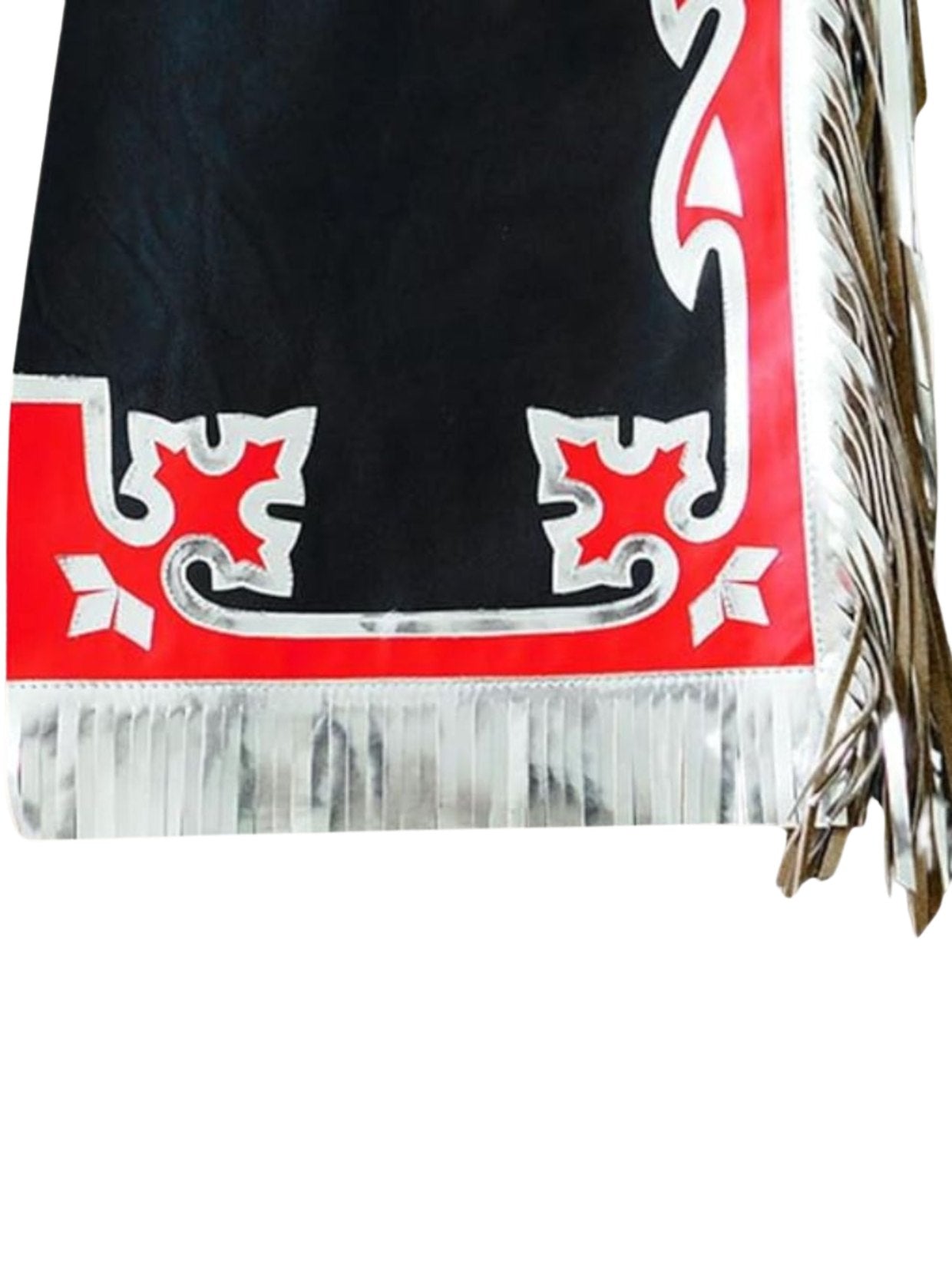 Traditional Native American headdress with black, red, and white patterns on a white background