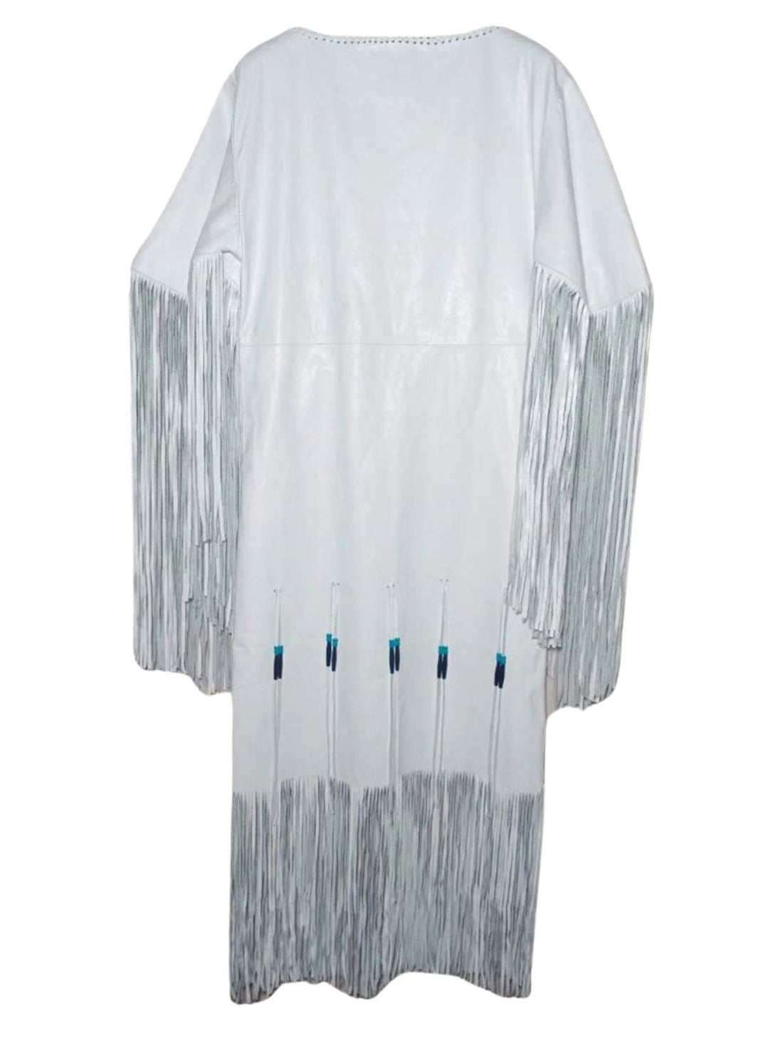 White dress with fringe details on a white background