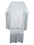White kimono-style garment with fringe details on a white background