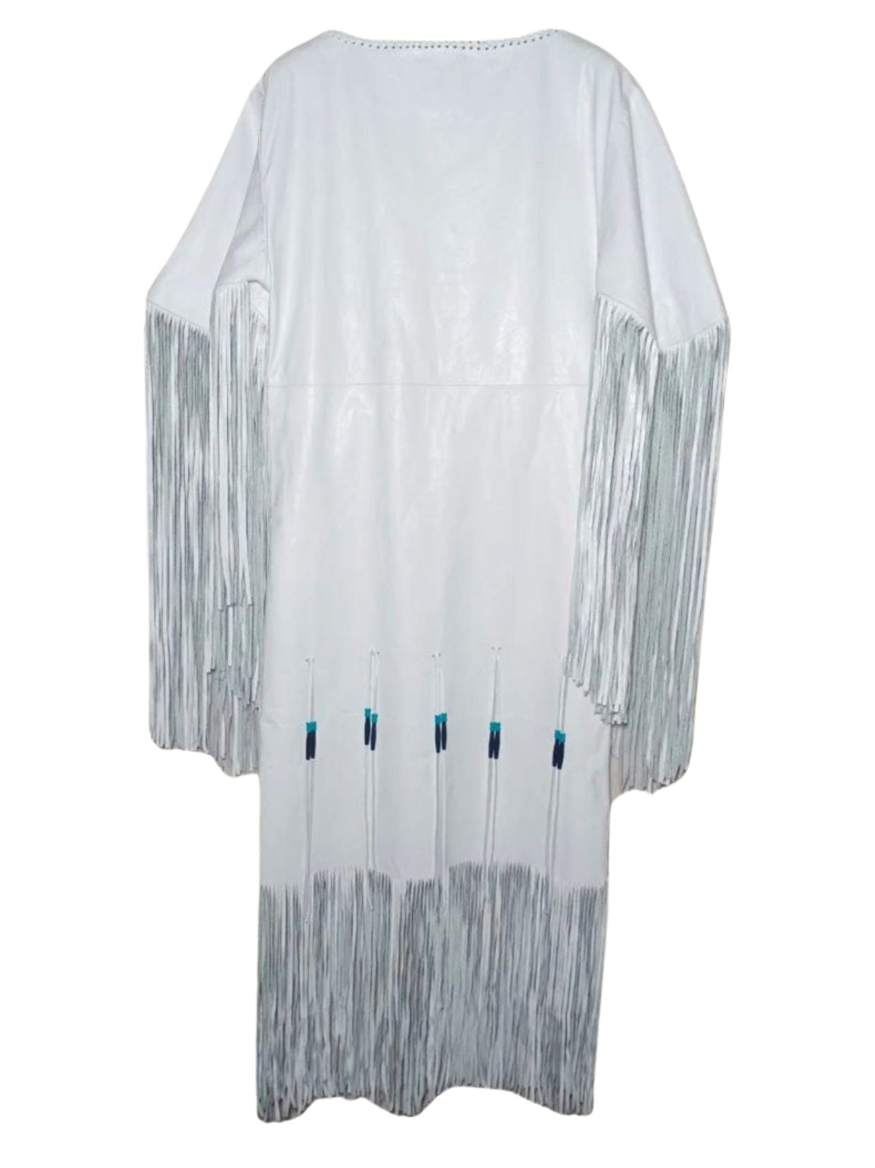 White kimono-style garment with fringe details on a white background