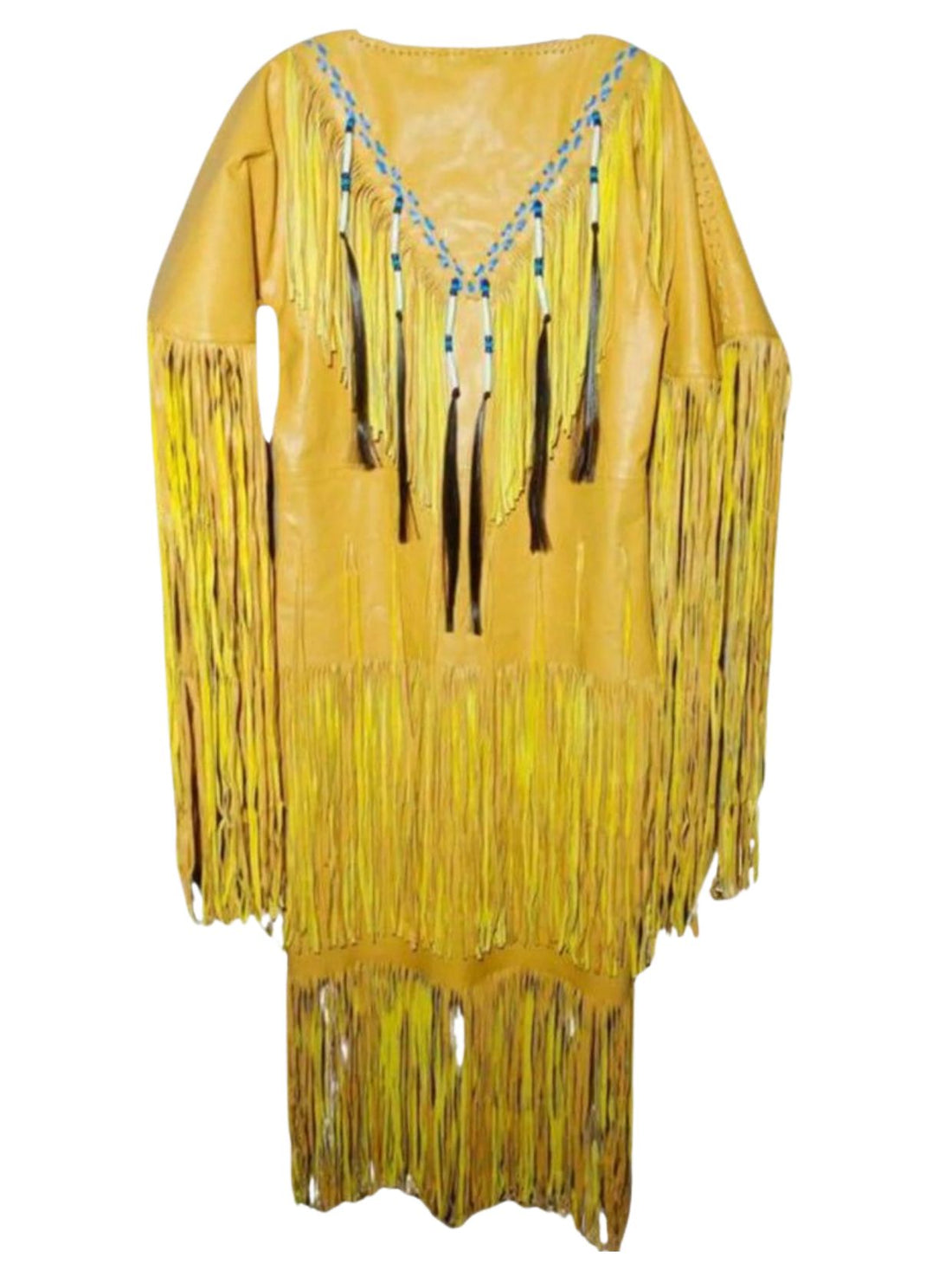 Yellow fringe dress with decorative elements on a white background
