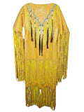Yellow fringe dress with decorative elements on a white background