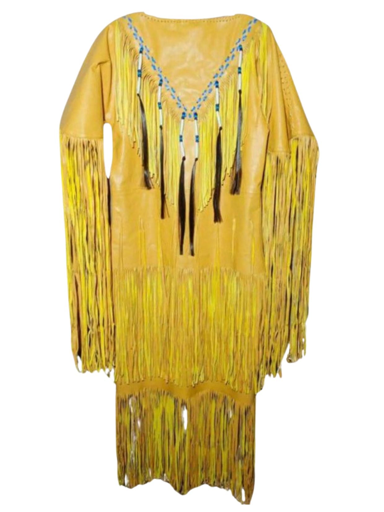 Yellow fringe dress with decorative elements on a white background