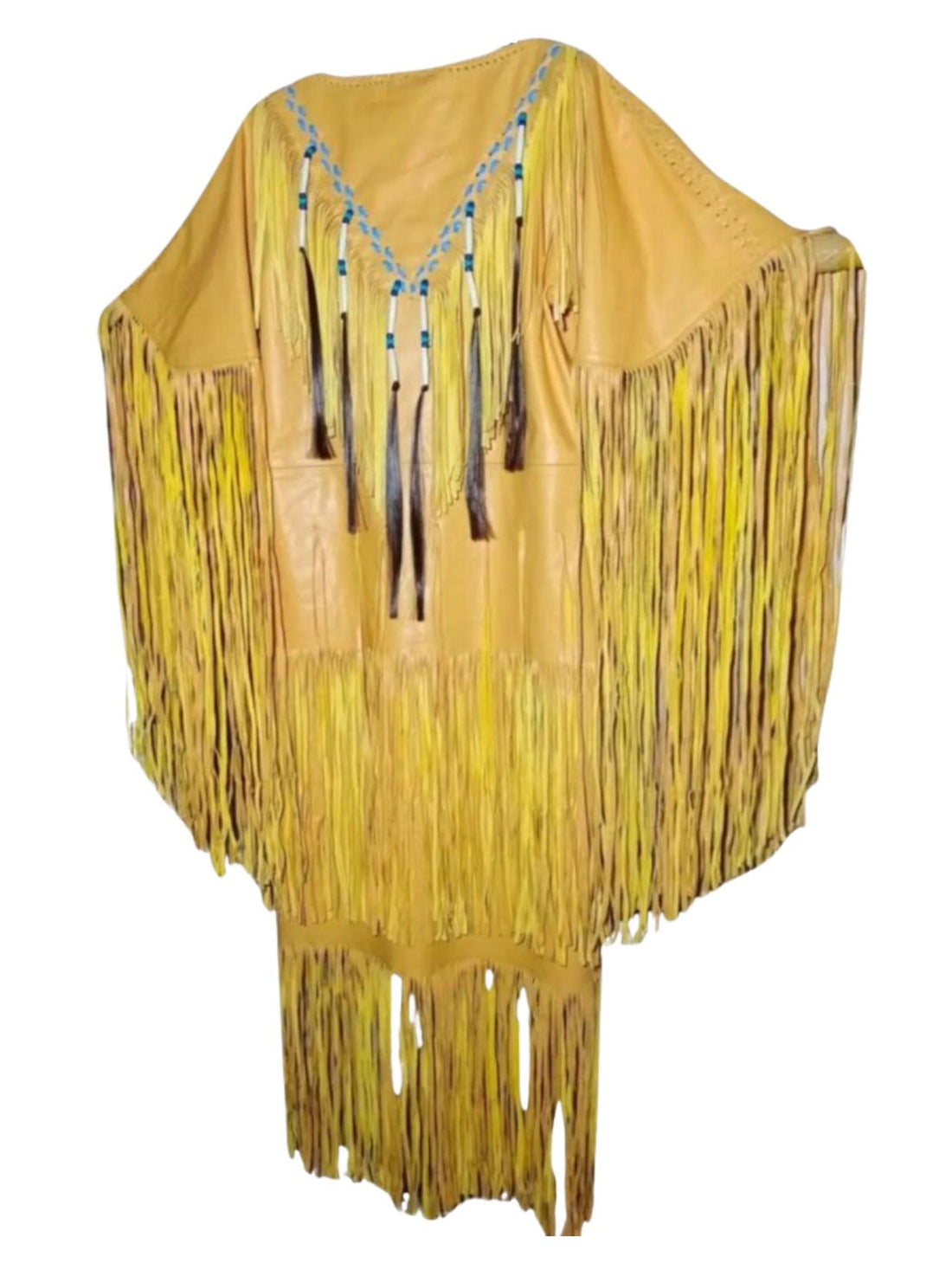 Yellow fringe dress with decorative elements on a white background