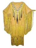 Yellow fringe garment with decorative elements on a white background