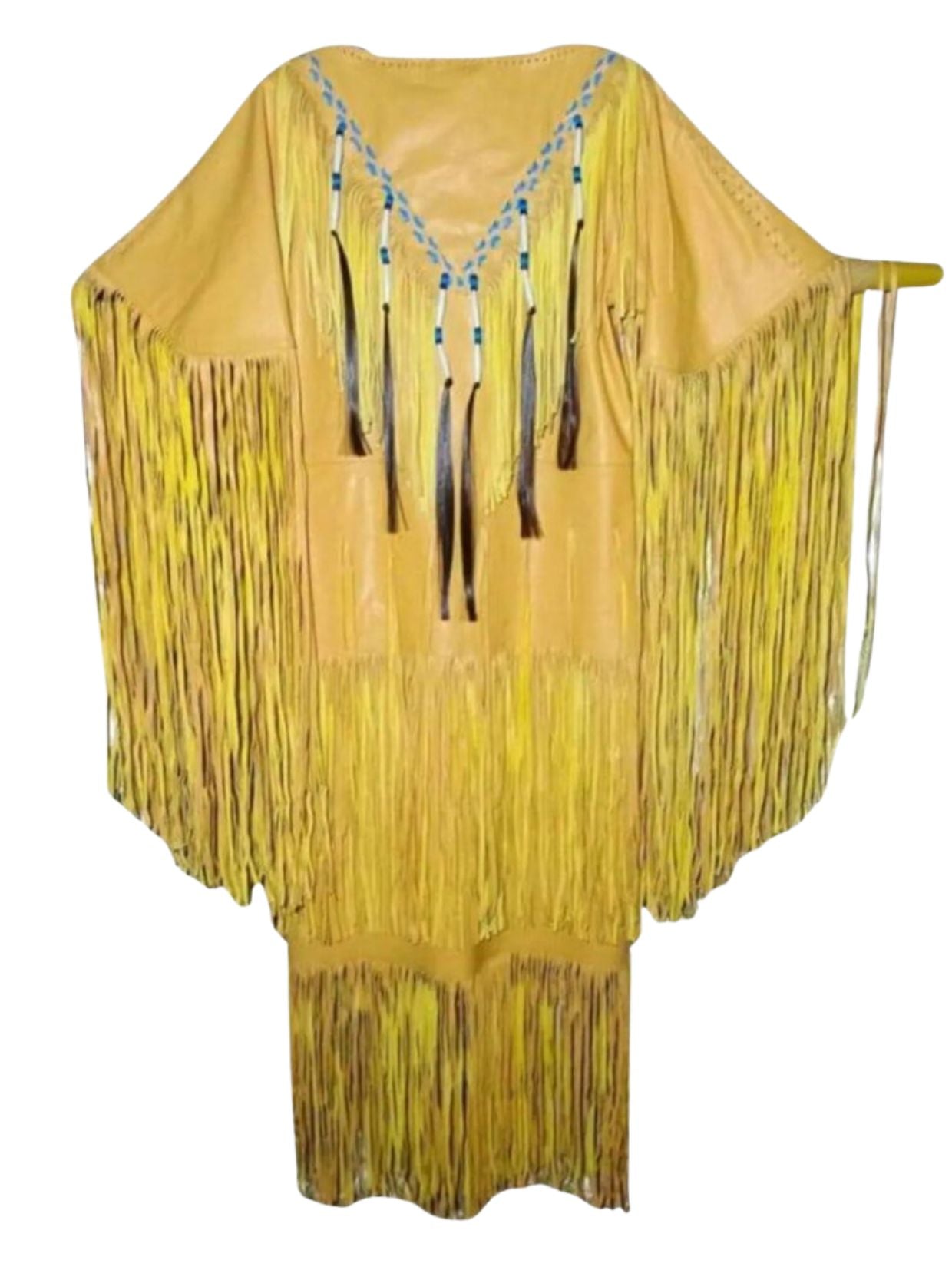 Yellow fringe garment with decorative elements on a white background