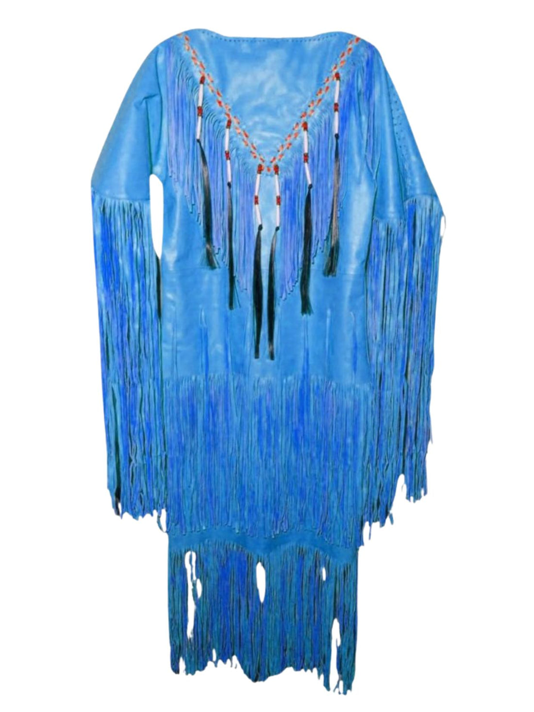 Blue fringe garment with decorative elements on a white background