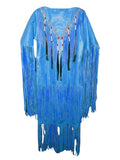 Blue fringe garment with decorative elements on a white background