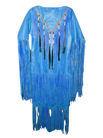 Blue fringe garment with decorative elements on a white background