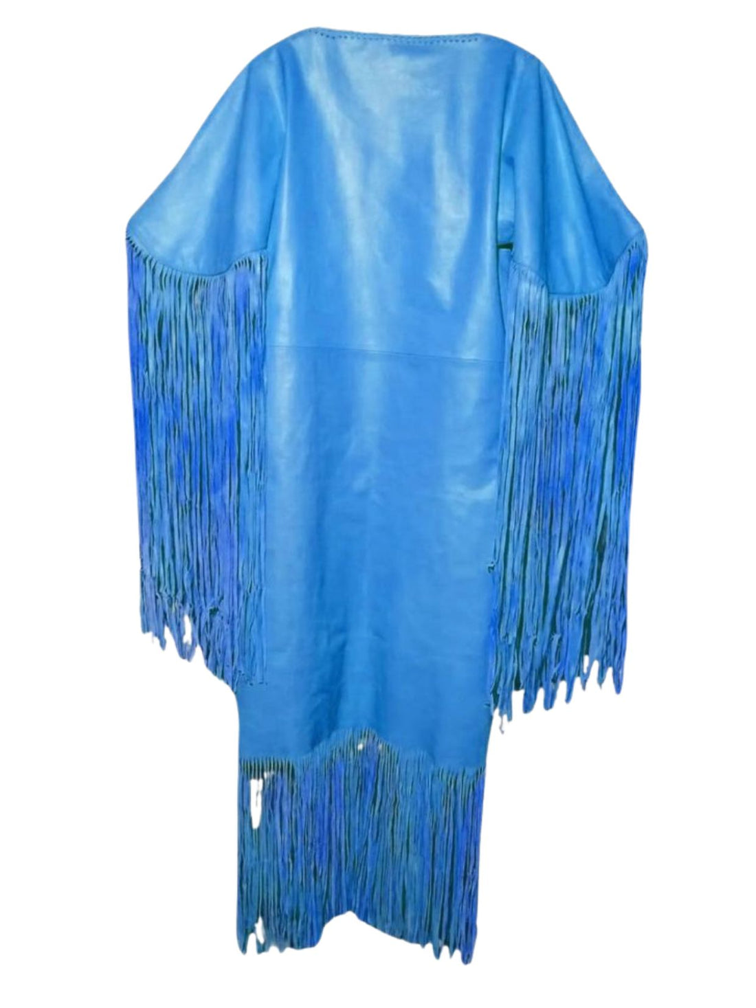 Blue fringe garment with decorative elements on a white background