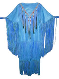 Blue fringe garment with decorative elements on a white background