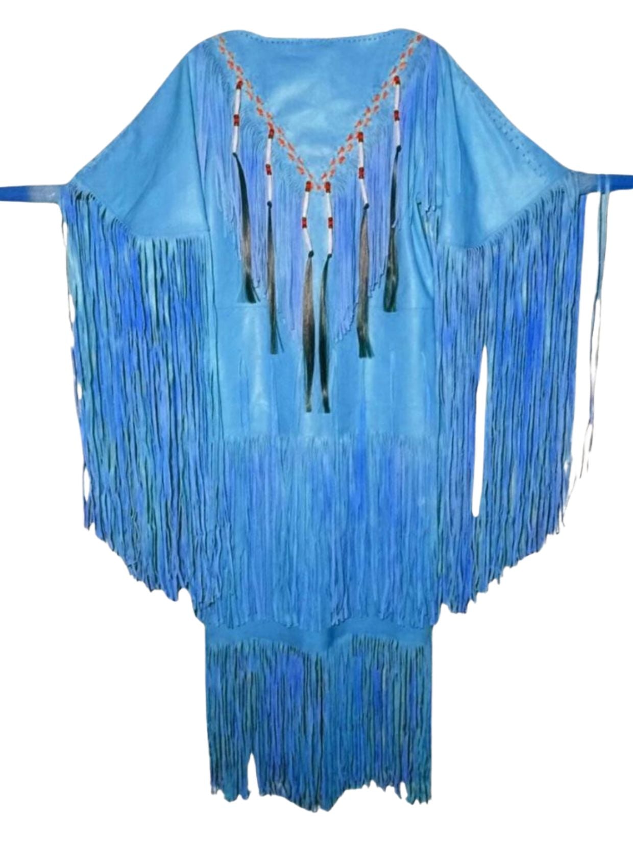 Blue fringe garment with decorative elements on a white background