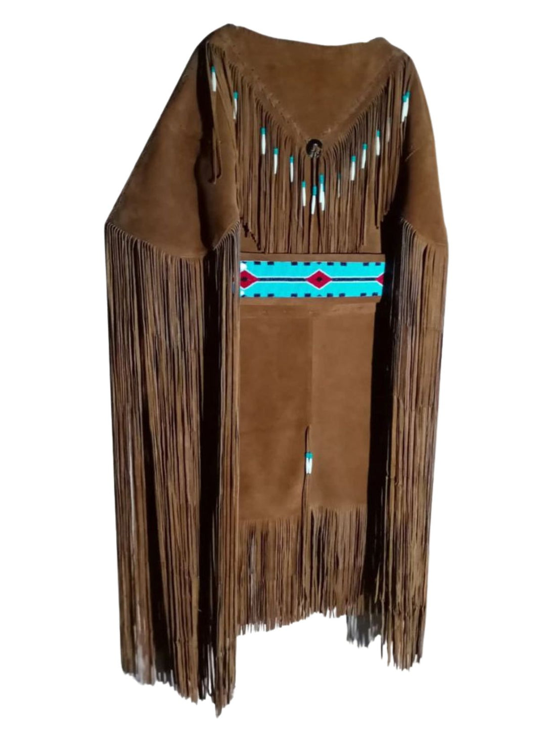 Brown fringed garment with turquoise and red pattern on a white background
