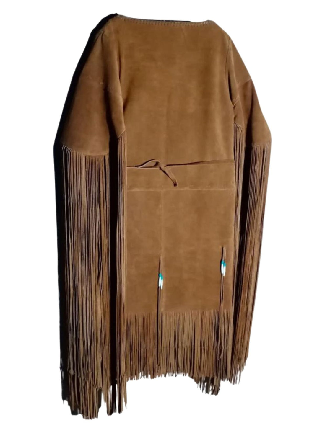 Brown fringed garment with turquoise and red pattern on a white background