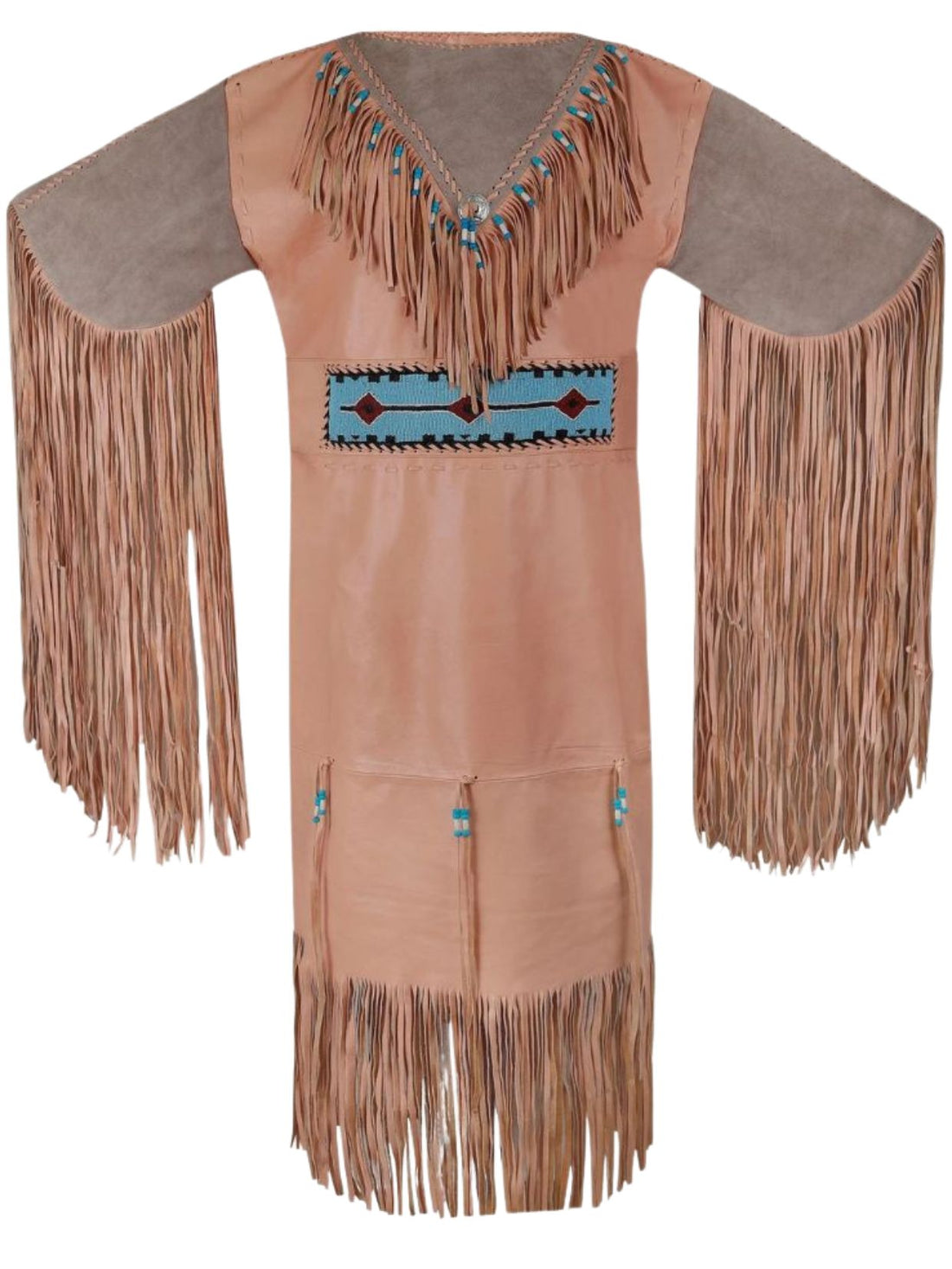 Traditional Native American dress with fringes and beadwork on a white background