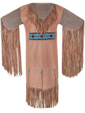 Traditional Native American dress with fringes and beadwork on a white background