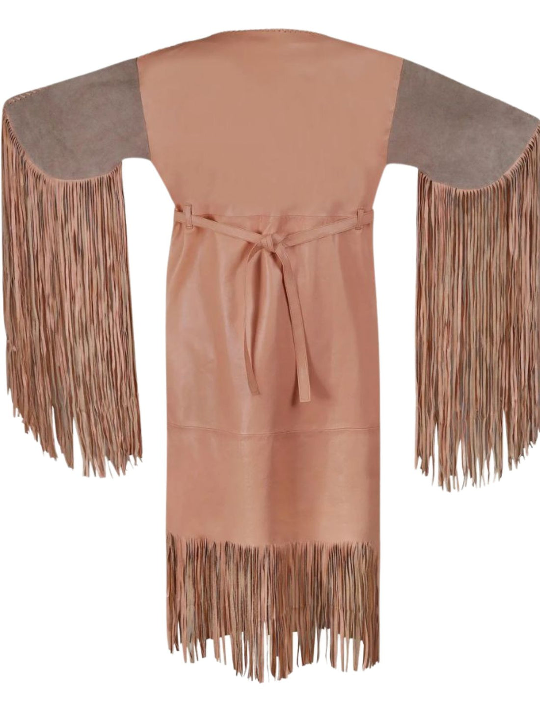 Traditional Native American dress with fringes and beadwork on a white background