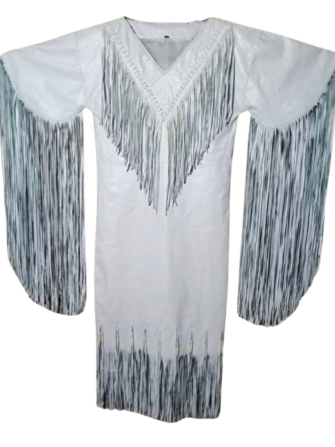 White shirt with black fringe details on a white background