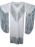 White shirt with black fringe details on a white background