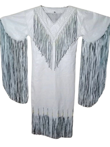 White shirt with black fringe details on a white background