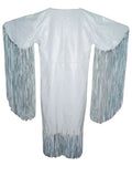 White garment with fringe details on a white background