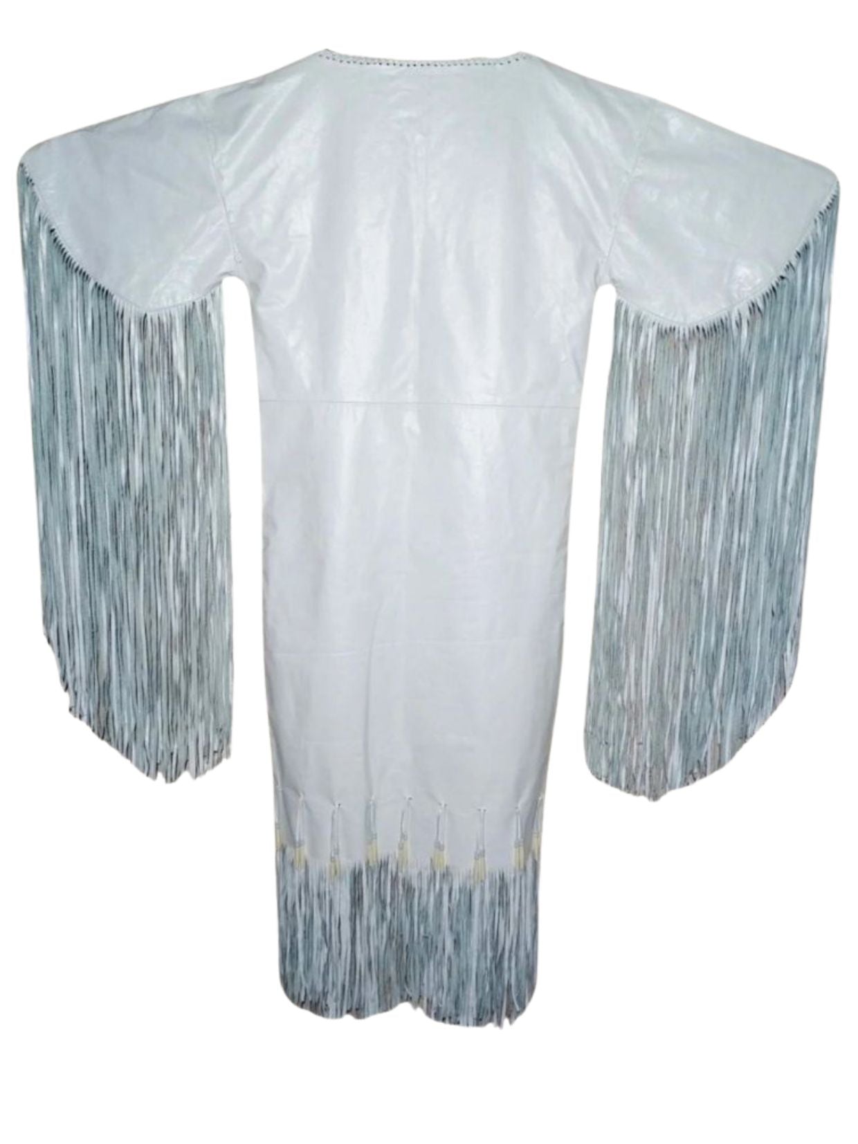 White garment with fringe details on a white background