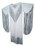 White blouse with black fringe details on a white background