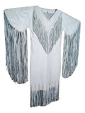 White shirt with black fringe details on a white background