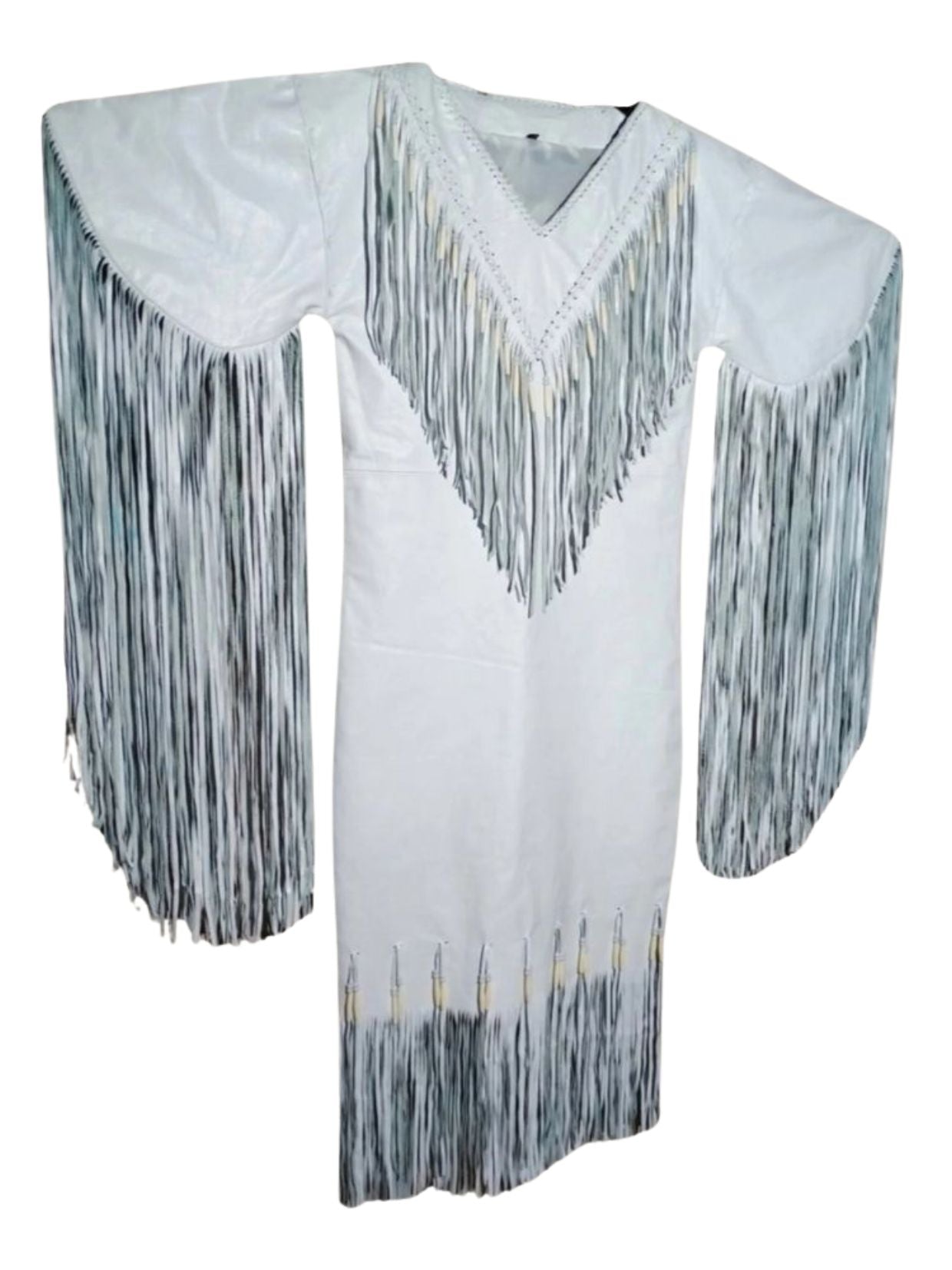 White shirt with black fringe details on a white background