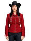 Woman wearing a red fringed jacket with black hat on a white background