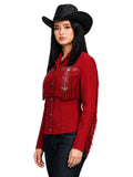 Woman wearing a red fringed jacket and black cowboy hat on a white background
